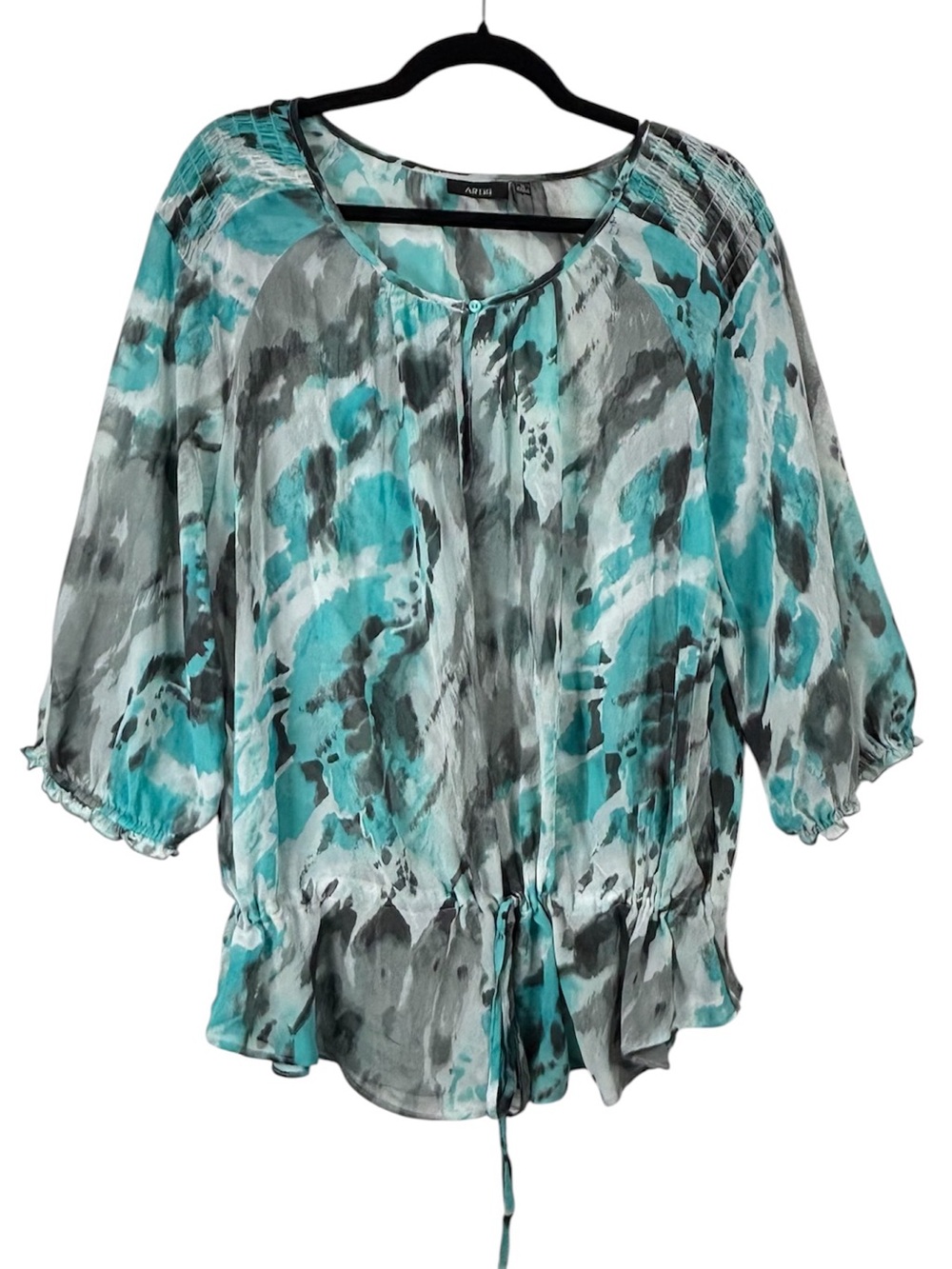 Apt. 9 Teal and Gray Printed Peasant Blouse Lightweight & Sheer Summer Casual